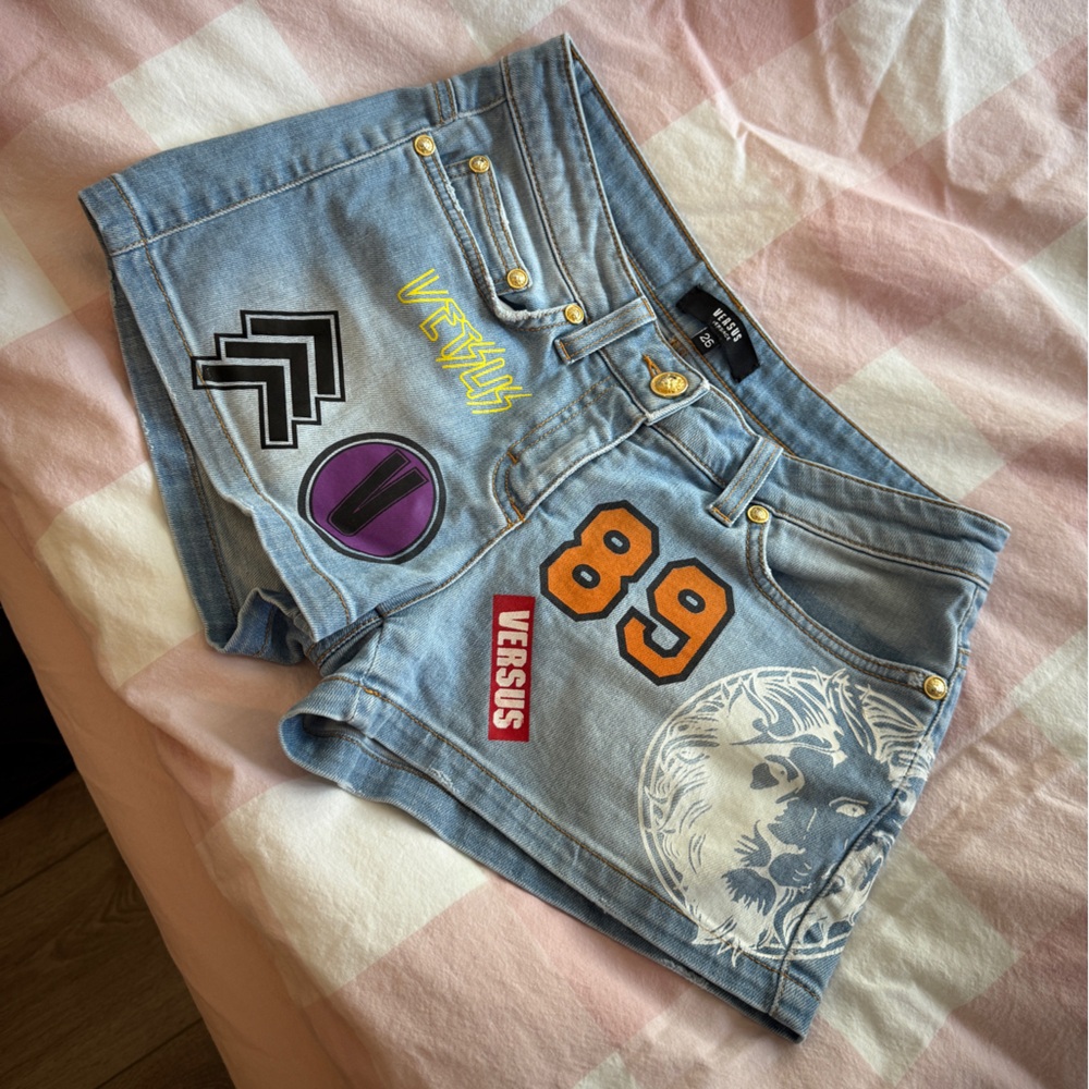Versus Versace Blue Jean Shorts with Graphic Patches